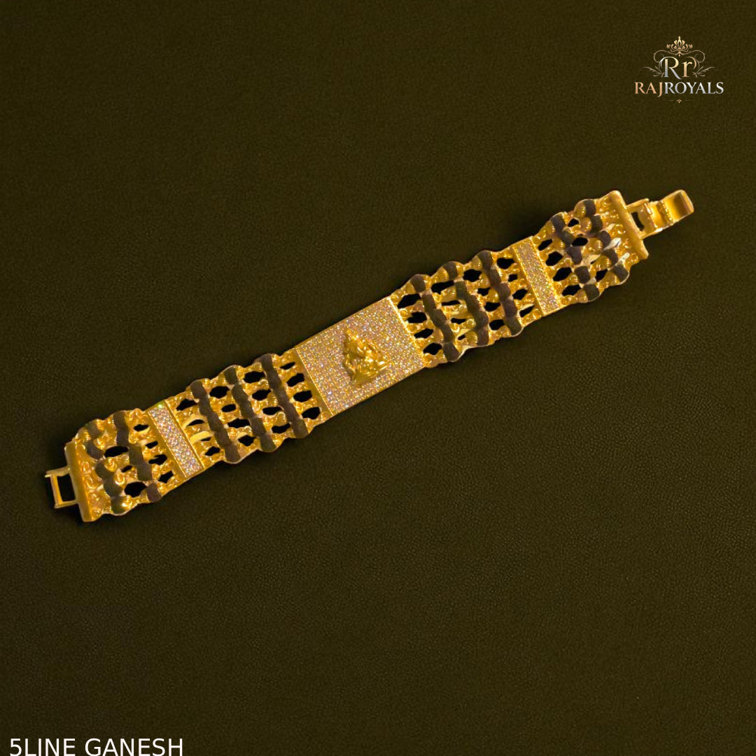 Ganesh with Diamond Awesome Gold Plated Rudraksha Bracelet for Men 5 LINE Gnesh